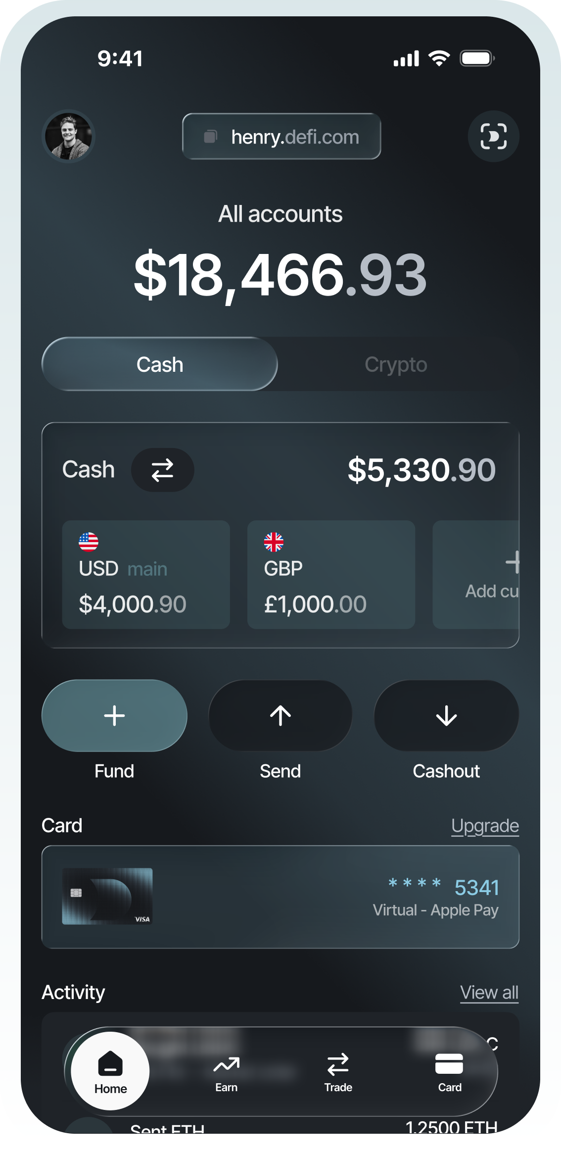 The defi.com app showing cash accounts and an account balance of $18,466.93